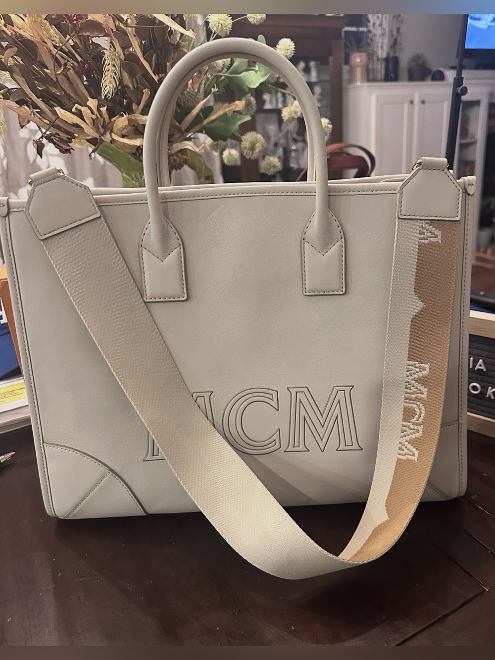 MCM Cream Leather Logo Tote with Beige Strap